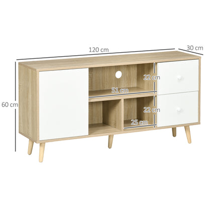 TV Stand TV Bench for TVs up to 45 Inches with Solid Wood Legs Scandinavian Style 3 Shelves 1 Cupboard with Door and 2 Drawers 120 x 30 x 60 cm