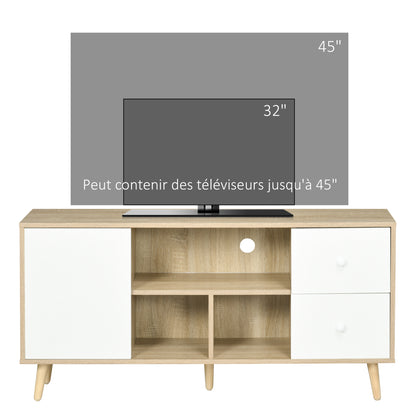 TV Stand TV Bench for TVs up to 45 Inches with Solid Wood Legs Scandinavian Style 3 Shelves 1 Cupboard with Door and 2 Drawers 120 x 30 x 60 cm