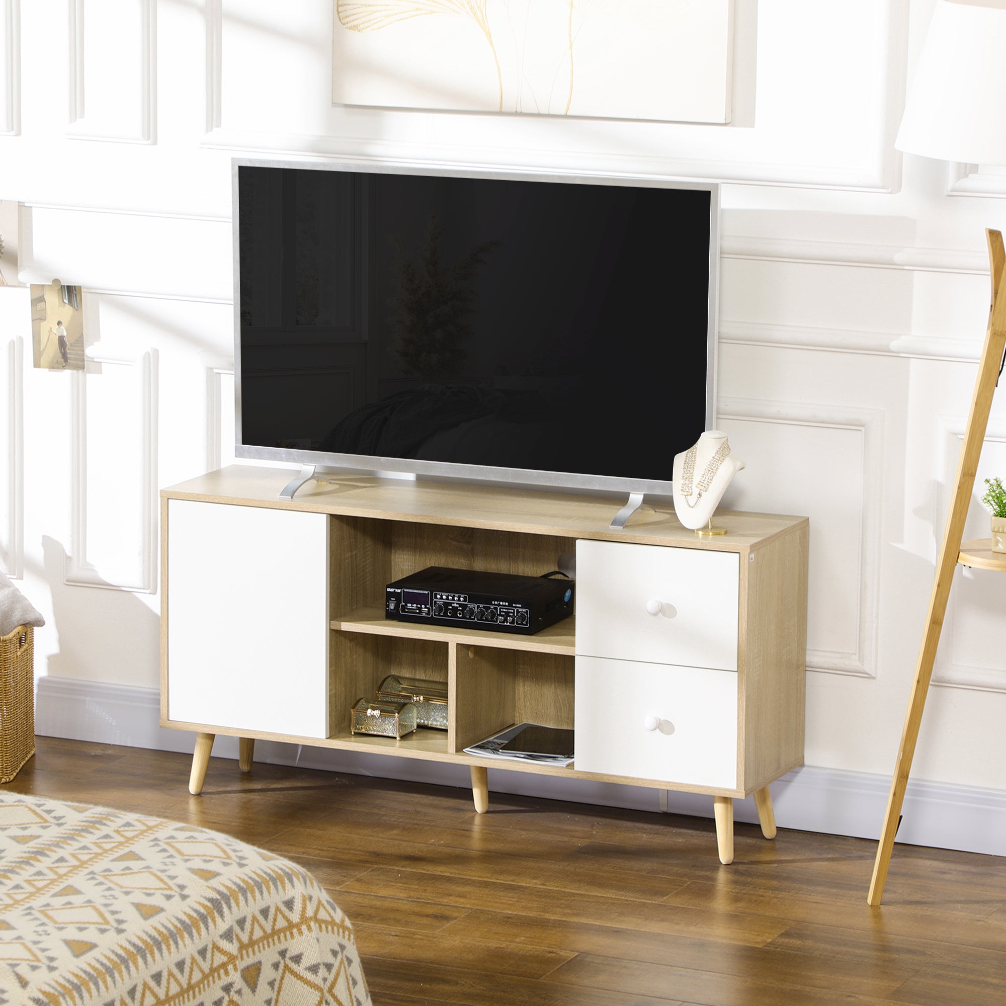TV Stand TV Bench for TVs up to 45 Inches with Solid Wood Legs Scandinavian Style 3 Shelves 1 Cupboard with Door and 2 Drawers 120 x 30 x 60 cm