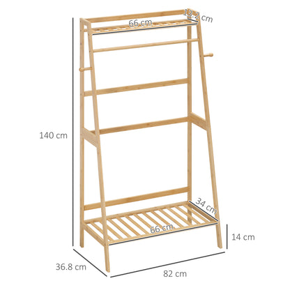 Clothes Rack with 2 Shelves, 2 Hooks, and 1 Hanging Bar in Bamboo - 82 x 36.8 x 140 cm