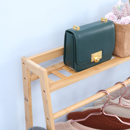 Clothes Rack with 2 Shelves, 2 Hooks, and 1 Hanging Bar in Bamboo - 82 x 36.8 x 140 cm