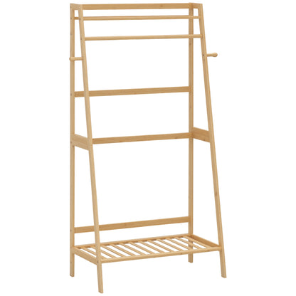 Clothes Rack with 2 Shelves, 2 Hooks, and 1 Hanging Bar in Bamboo - 82 x 36.8 x 140 cm