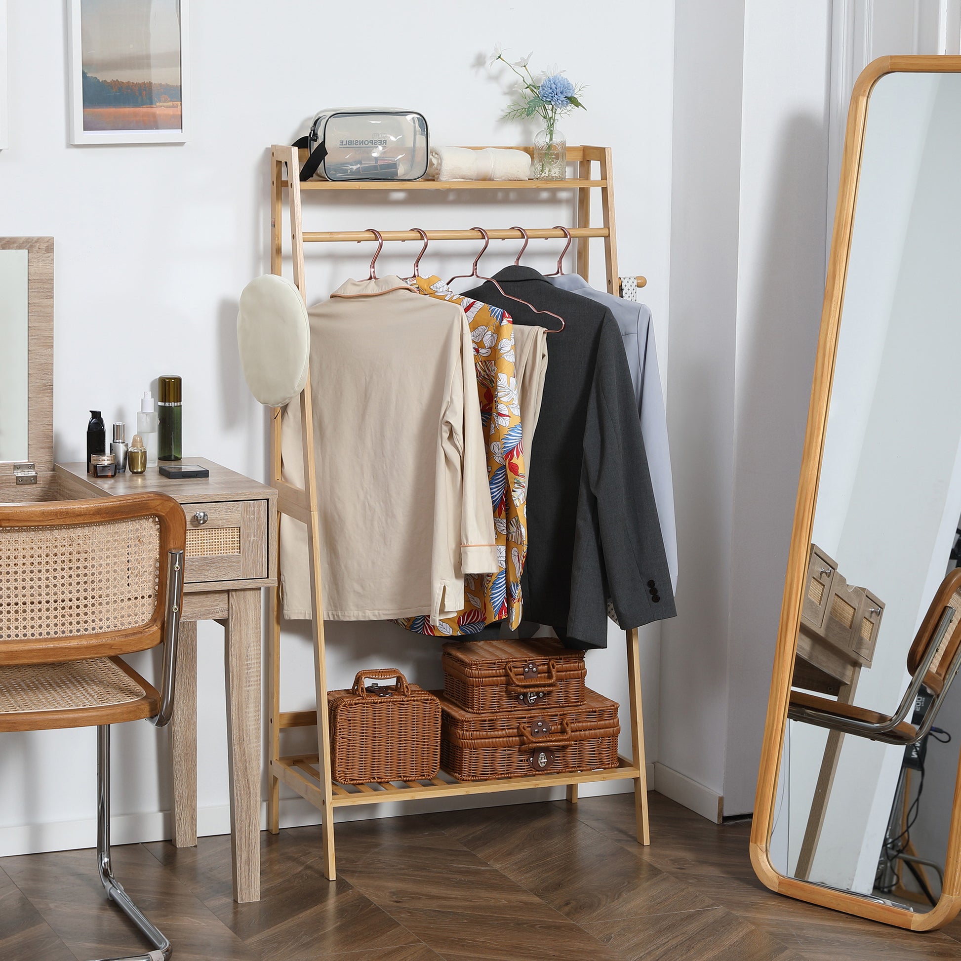 Clothes Rack with 2 Shelves, 2 Hooks, and 1 Hanging Bar in Bamboo - 82 x 36.8 x 140 cm