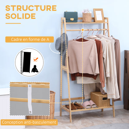 Clothes Rack with 2 Shelves, 2 Hooks, and 1 Hanging Bar in Bamboo - 82 x 36.8 x 140 cm