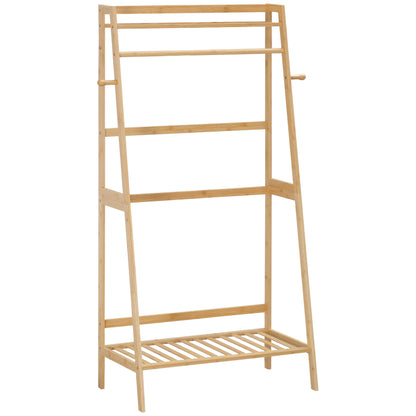 Clothes Rack with 2 Shelves, 2 Hooks, and 1 Hanging Bar in Bamboo - 82 x 36.8 x 140 cm