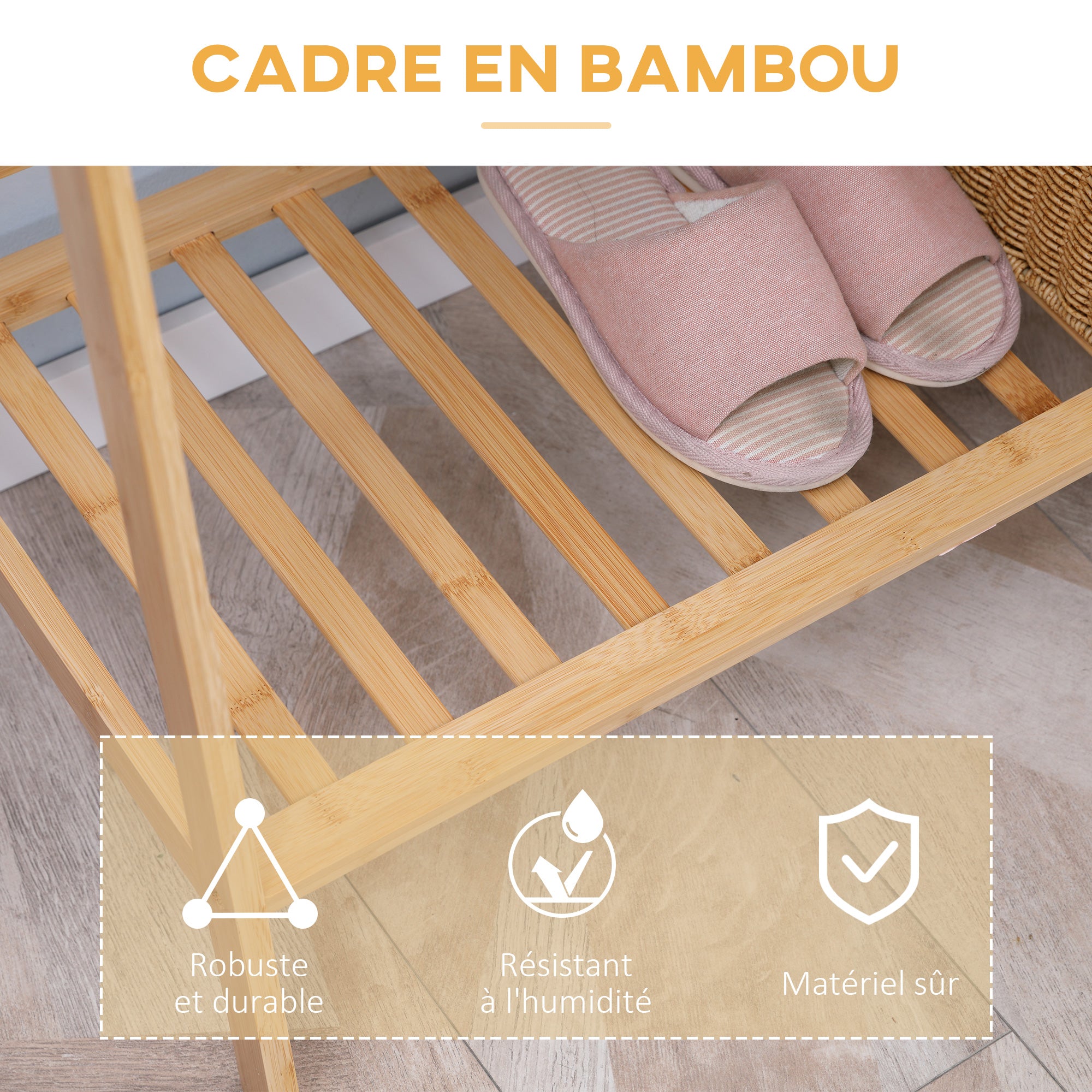 Clothes Rack with 2 Shelves, 2 Hooks, and 1 Hanging Bar in Bamboo - 82 x 36.8 x 140 cm
