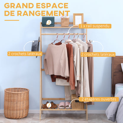 Clothes Rack with 2 Shelves, 2 Hooks, and 1 Hanging Bar in Bamboo - 82 x 36.8 x 140 cm