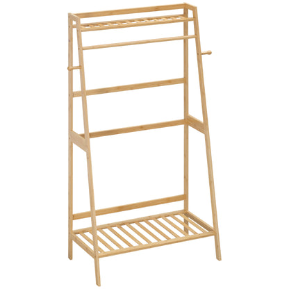 Clothes Rack with 2 Shelves, 2 Hooks, and 1 Hanging Bar in Bamboo - 82 x 36.8 x 140 cm