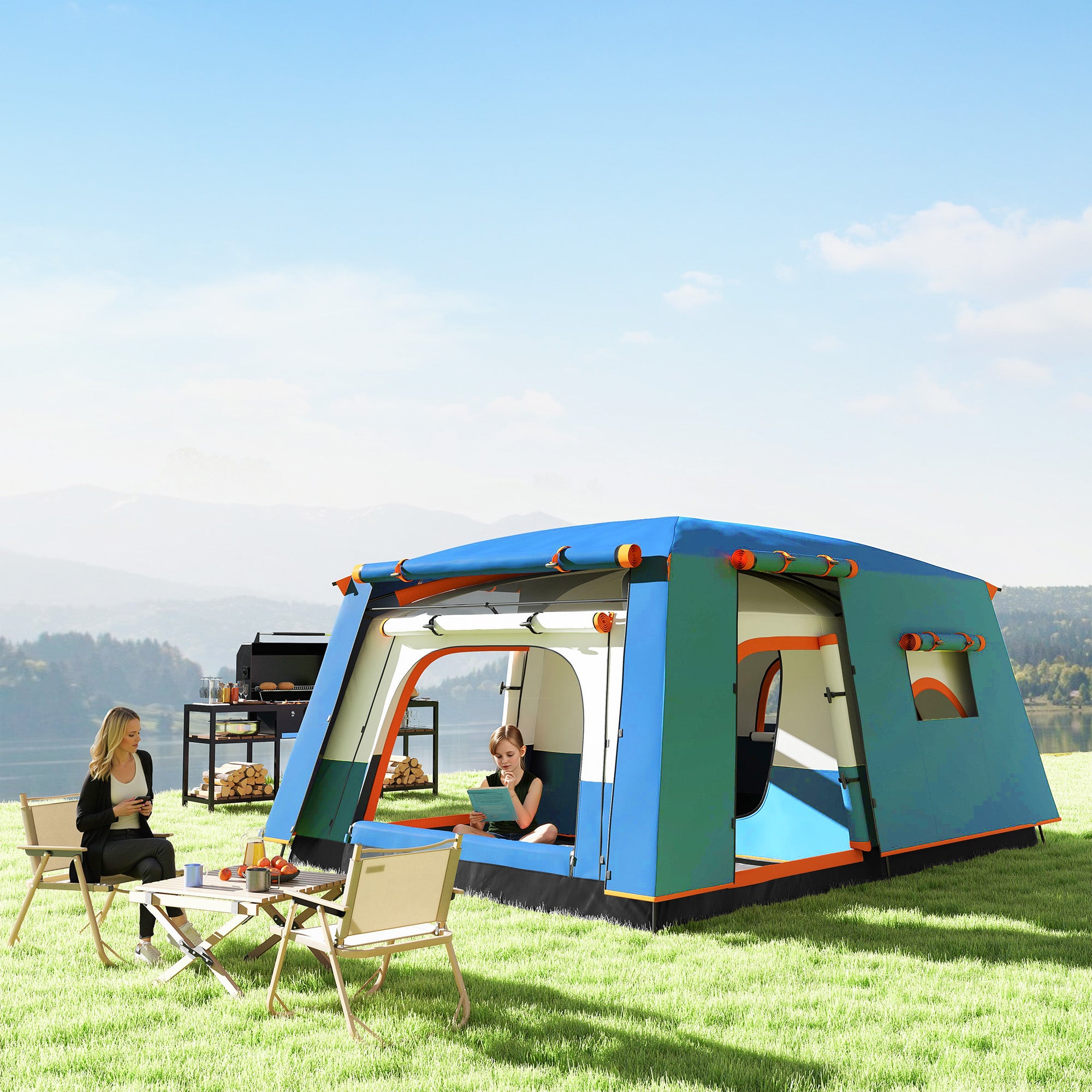 Camping Tent for 4-6 Persons, Tunnel Family Tent Waterproof and Anti-UV for 3 Seasons with 2 Rooms, Veranda, and Carry Bag for Fishing, Blue
