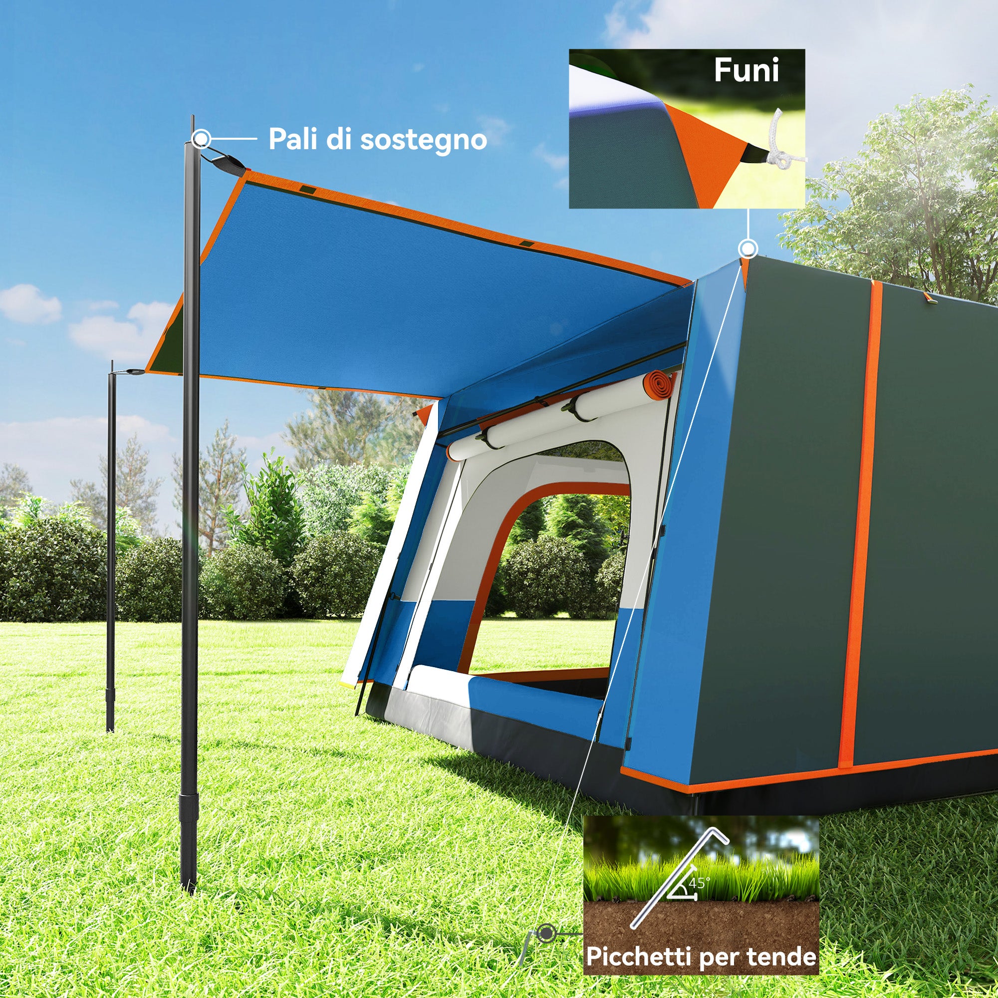 Camping Tent for 4-6 Persons, Tunnel Family Tent Waterproof and Anti-UV for 3 Seasons with 2 Rooms, Veranda, and Carry Bag for Fishing, Blue