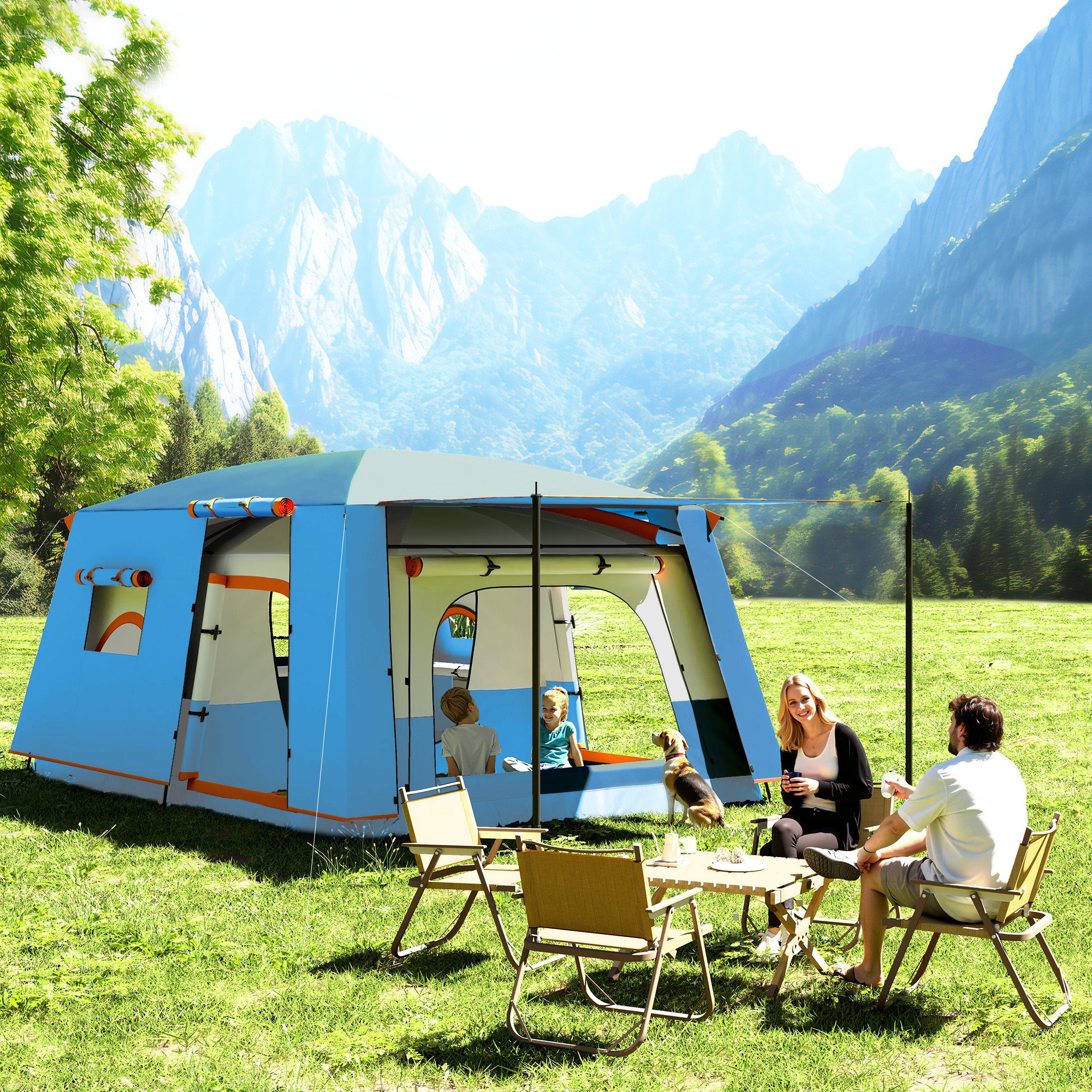 Camping Tent for 4-6 Persons, Tunnel Family Tent Waterproof and Anti-UV for 3 Seasons with 2 Rooms, Veranda, and Carry Bag for Fishing, Blue