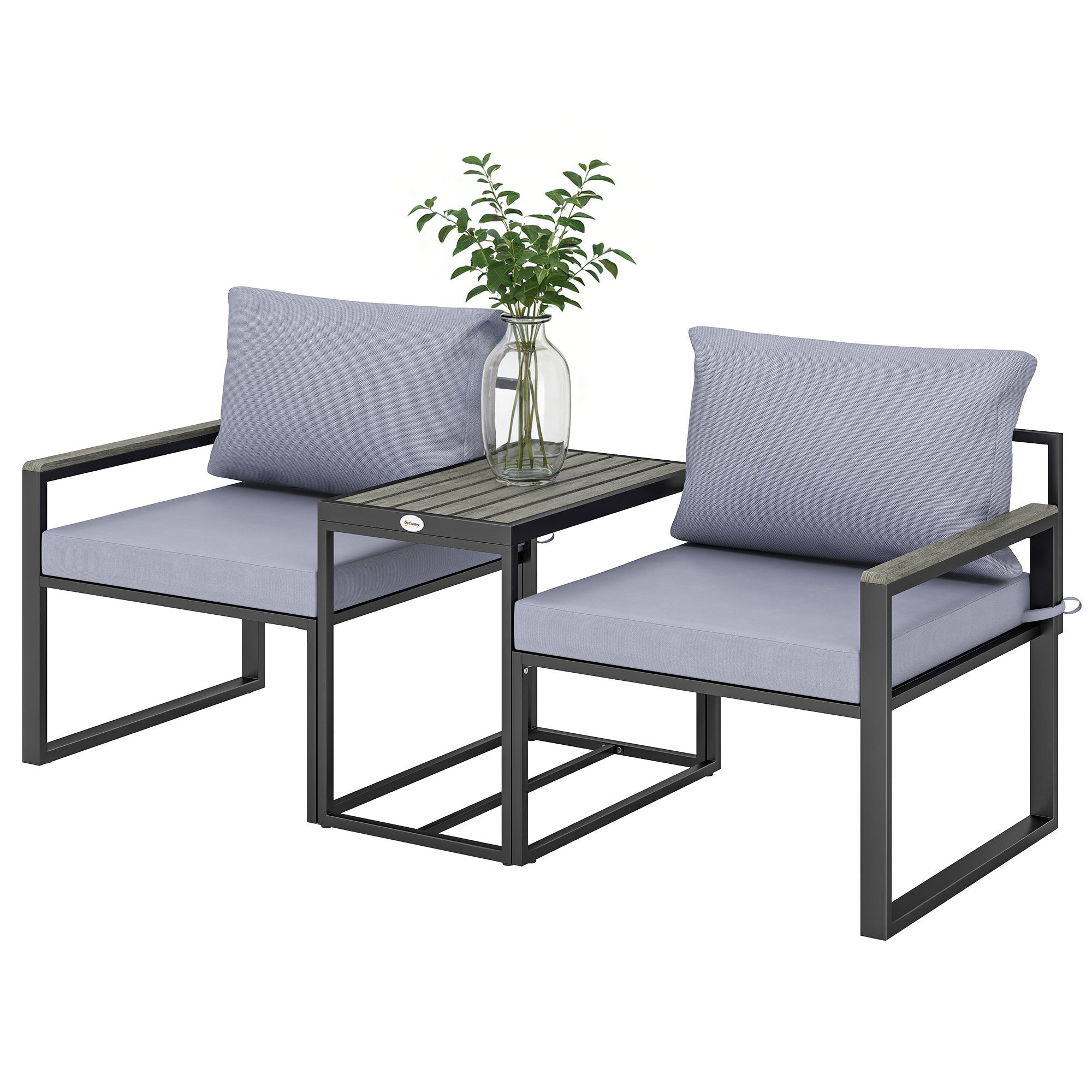 3-Piece Balcony Bistro Set – 2 Armchairs & Table with Removable Breathable Seat and Back Cushions, Steel Patio Furniture, Gray