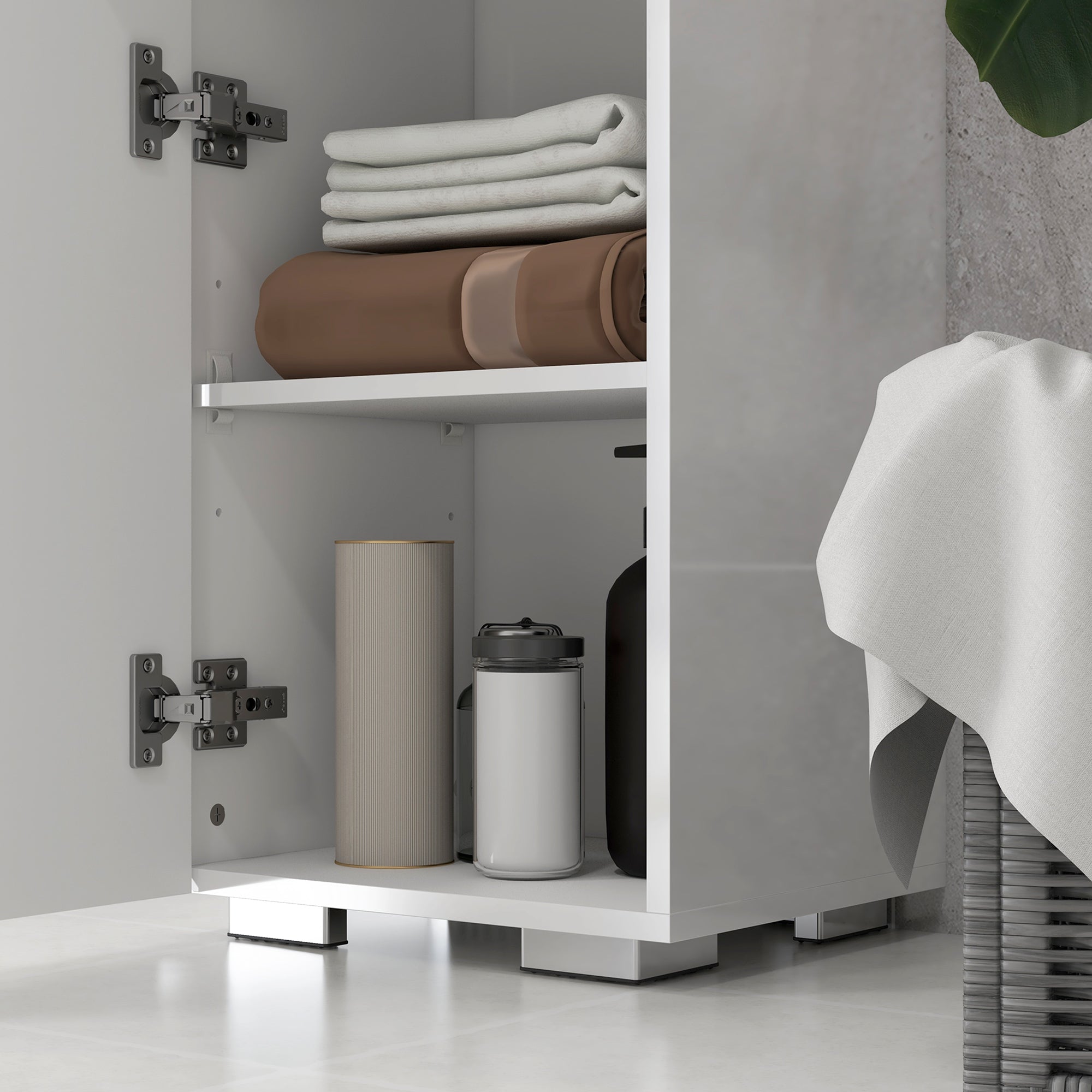 Space Saving Bathroom Column in MDF, Bathroom Cabinet with Open Shelf, Drawer, and Closed Cabinet, 37x32.5x170 cm, Glossy White