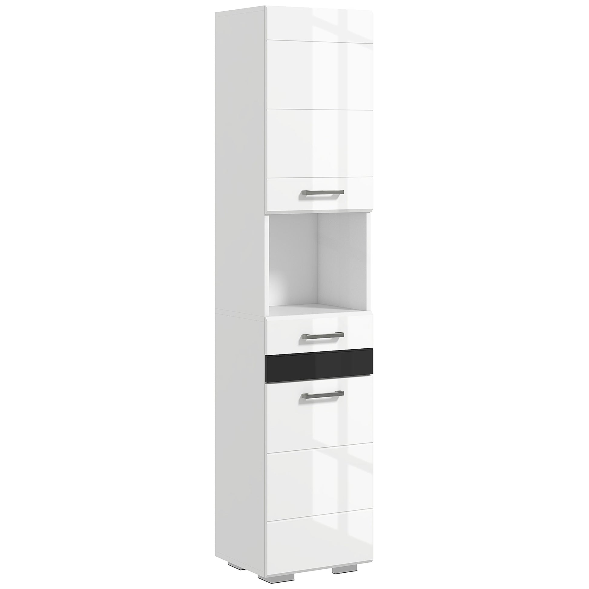 Space Saving Bathroom Column in MDF, Bathroom Cabinet with Open Shelf, Drawer, and Closed Cabinet, 37x32.5x170 cm, Glossy White