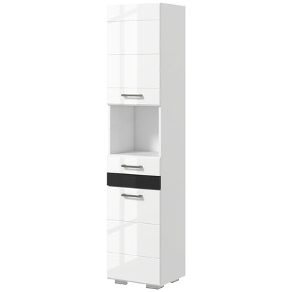 Space Saving Bathroom Column in MDF, Bathroom Cabinet with Open Shelf, Drawer, and Closed Cabinet, 37x32.5x170 cm, Glossy White