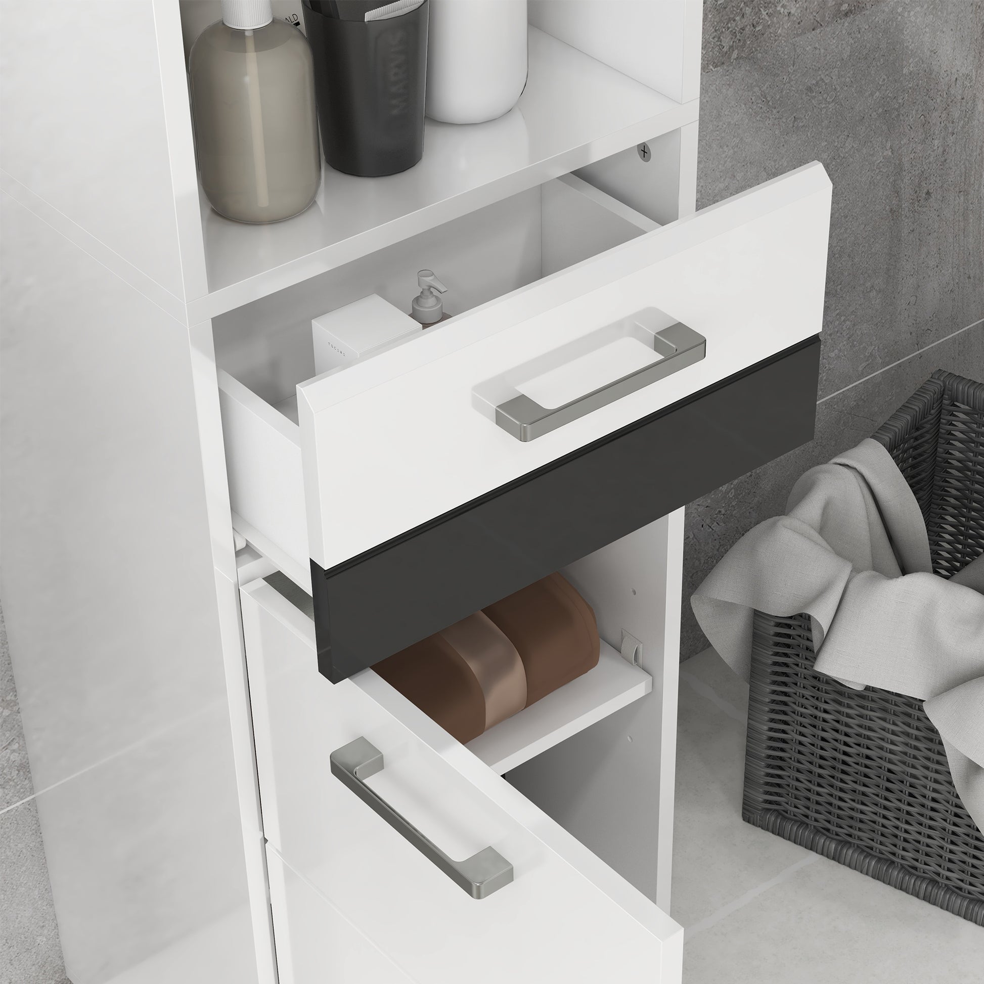 Space Saving Bathroom Column in MDF, Bathroom Cabinet with Open Shelf, Drawer, and Closed Cabinet, 37x32.5x170 cm, Glossy White