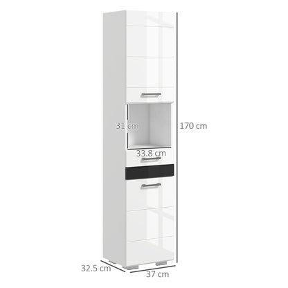 Space Saving Bathroom Column in MDF, Bathroom Cabinet with Open Shelf, Drawer, and Closed Cabinet, 37x32.5x170 cm, Glossy White