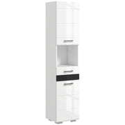 Space Saving Bathroom Column in MDF, Bathroom Cabinet with Open Shelf, Drawer, and Closed Cabinet, 37x32.5x170 cm, Glossy White