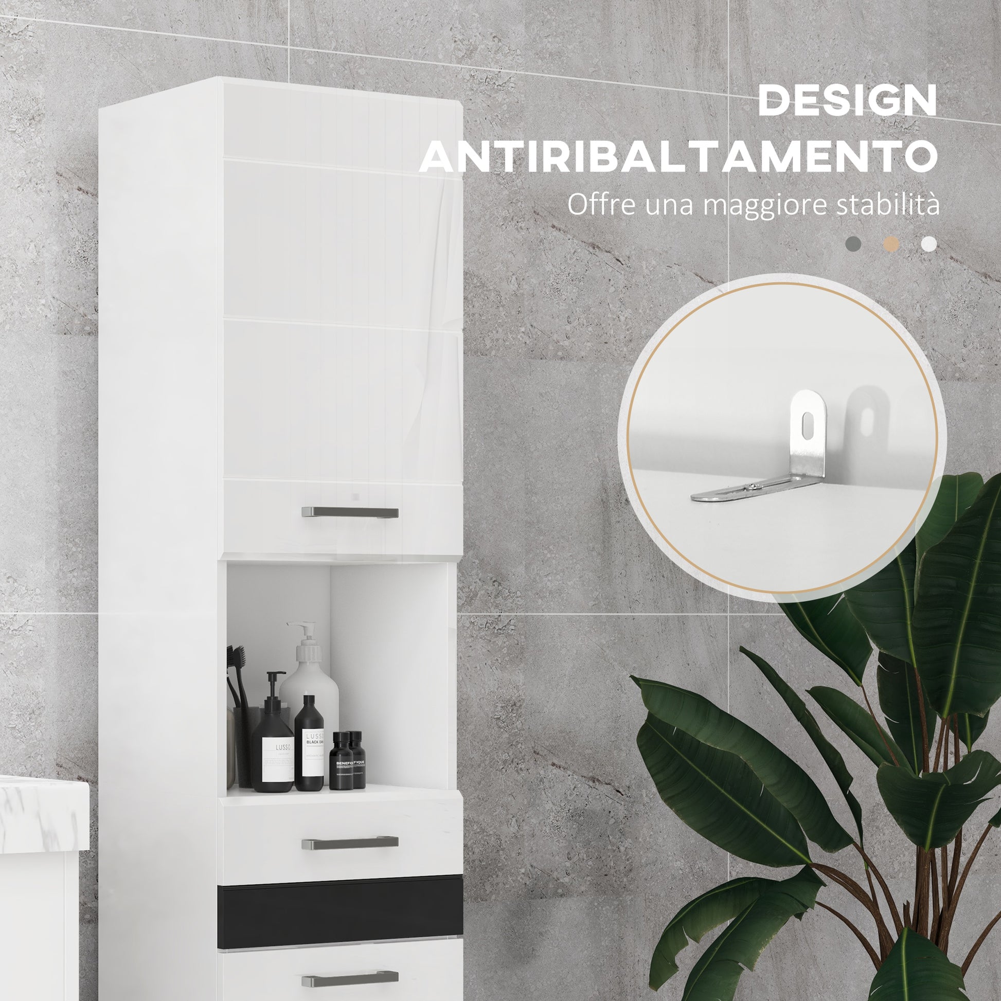 Space Saving Bathroom Column in MDF, Bathroom Cabinet with Open Shelf, Drawer, and Closed Cabinet, 37x32.5x170 cm, Glossy White