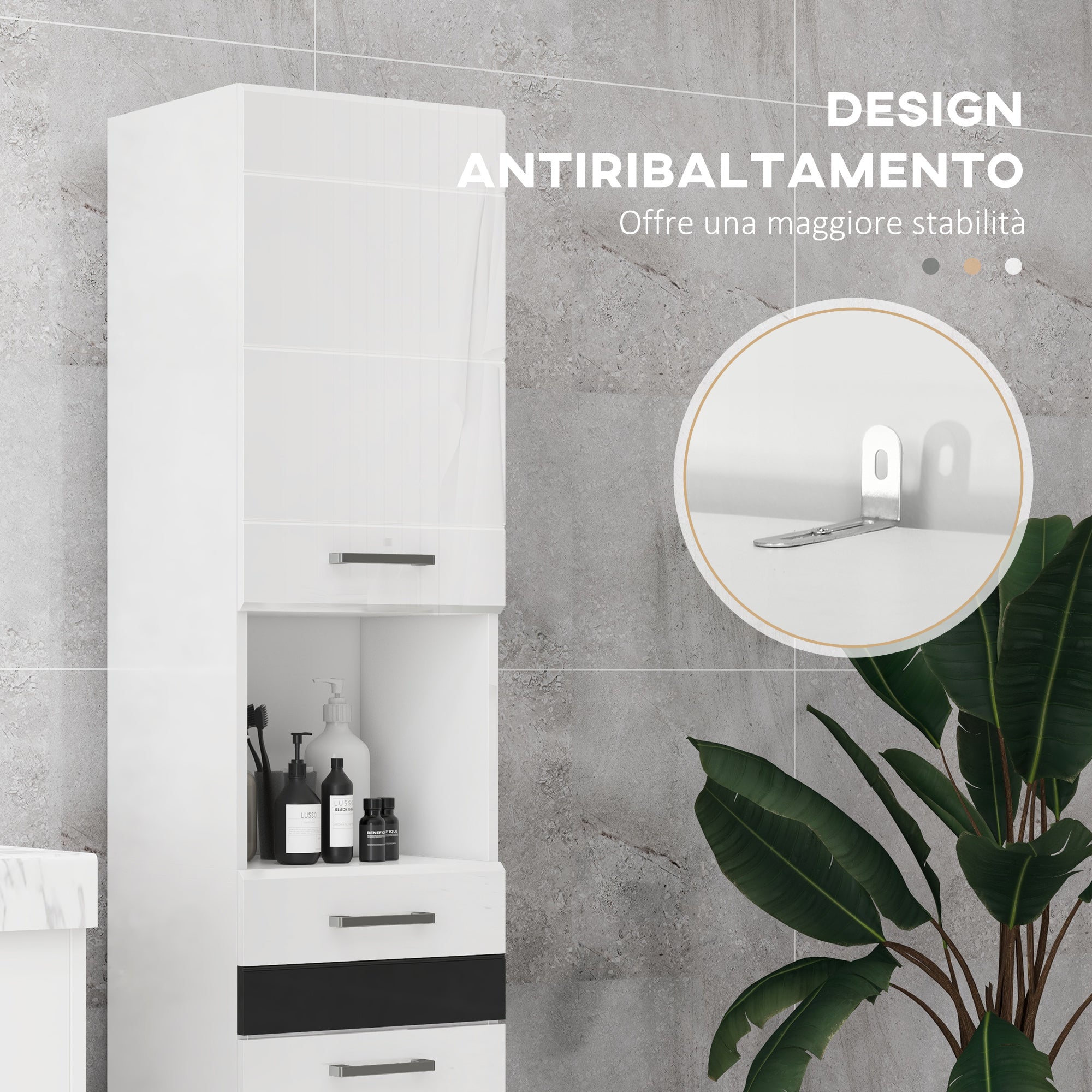 Space Saving Bathroom Column in MDF, Bathroom Cabinet with Open Shelf, Drawer, and Closed Cabinet, 37x32.5x170 cm, Glossy White