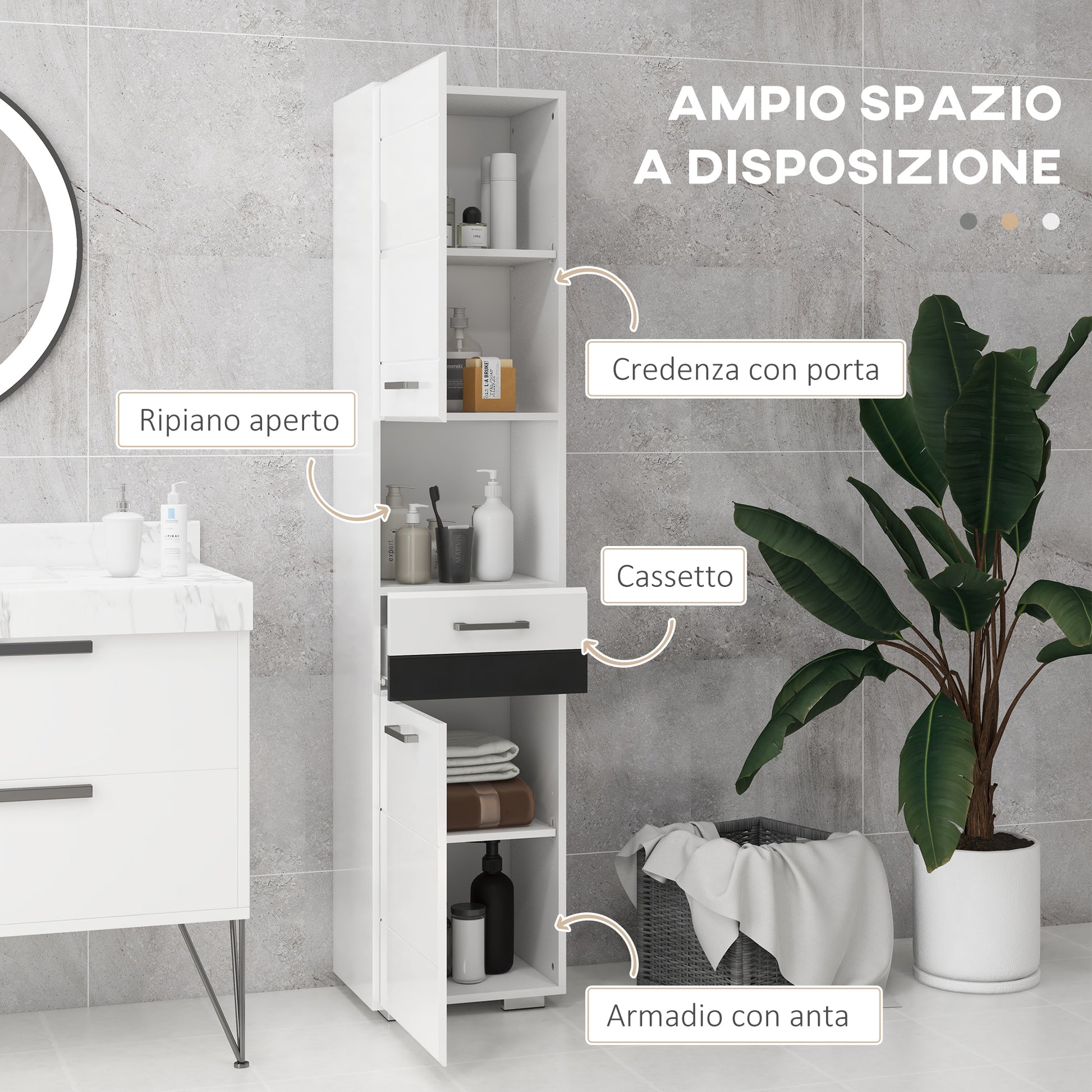 Space Saving Bathroom Column in MDF, Bathroom Cabinet with Open Shelf, Drawer, and Closed Cabinet, 37x32.5x170 cm, Glossy White