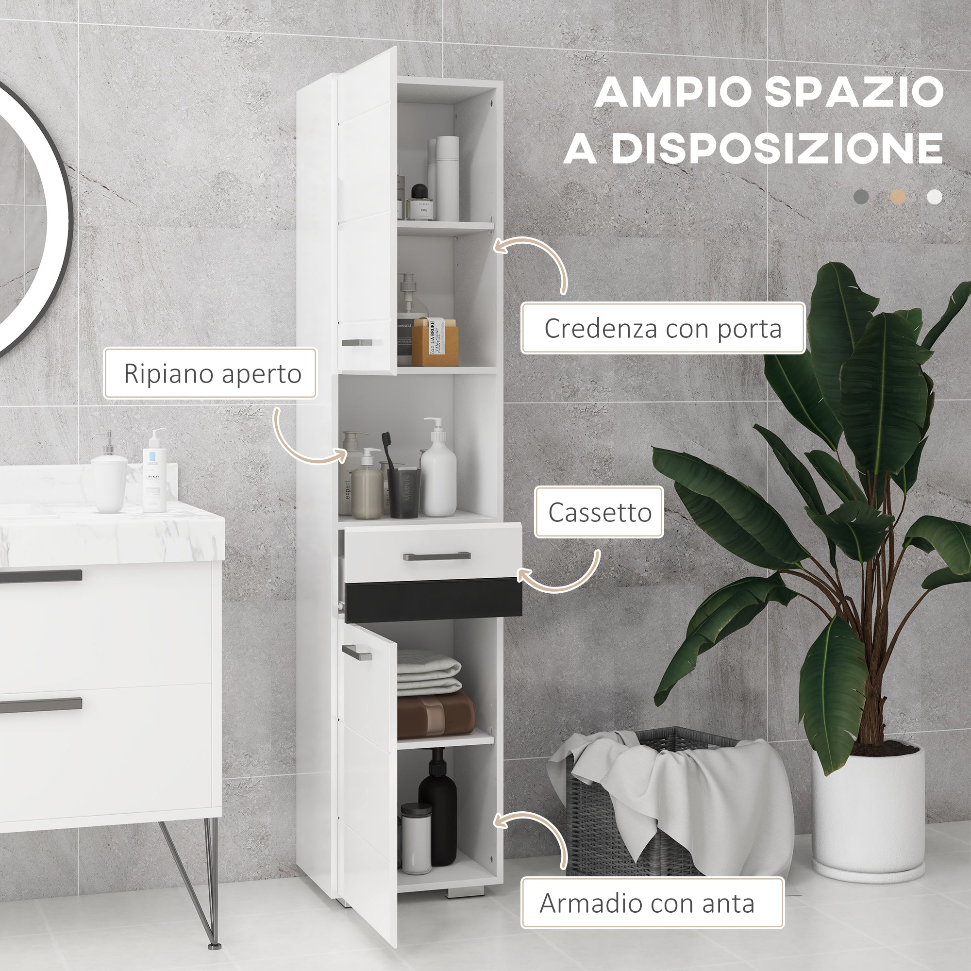 Space Saving Bathroom Column in MDF, Bathroom Cabinet with Open Shelf, Drawer, and Closed Cabinet, 37x32.5x170 cm, Glossy White