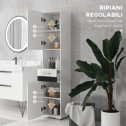 Space Saving Bathroom Column in MDF, Bathroom Cabinet with Open Shelf, Drawer, and Closed Cabinet, 37x32.5x170 cm, Glossy White