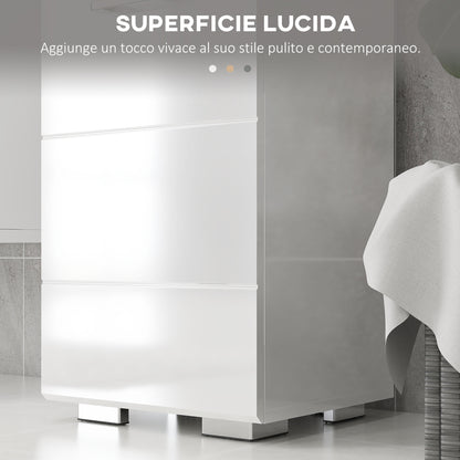 Space Saving Bathroom Column in MDF, Bathroom Cabinet with Open Shelf, Drawer, and Closed Cabinet, 37x32.5x170 cm, Glossy White