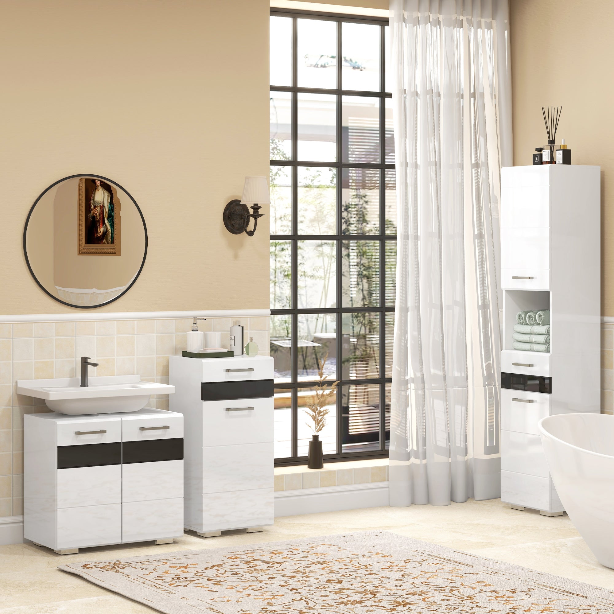 Space Saving Bathroom Column in MDF, Bathroom Cabinet with Open Shelf, Drawer, and Closed Cabinet, 37x32.5x170 cm, Glossy White