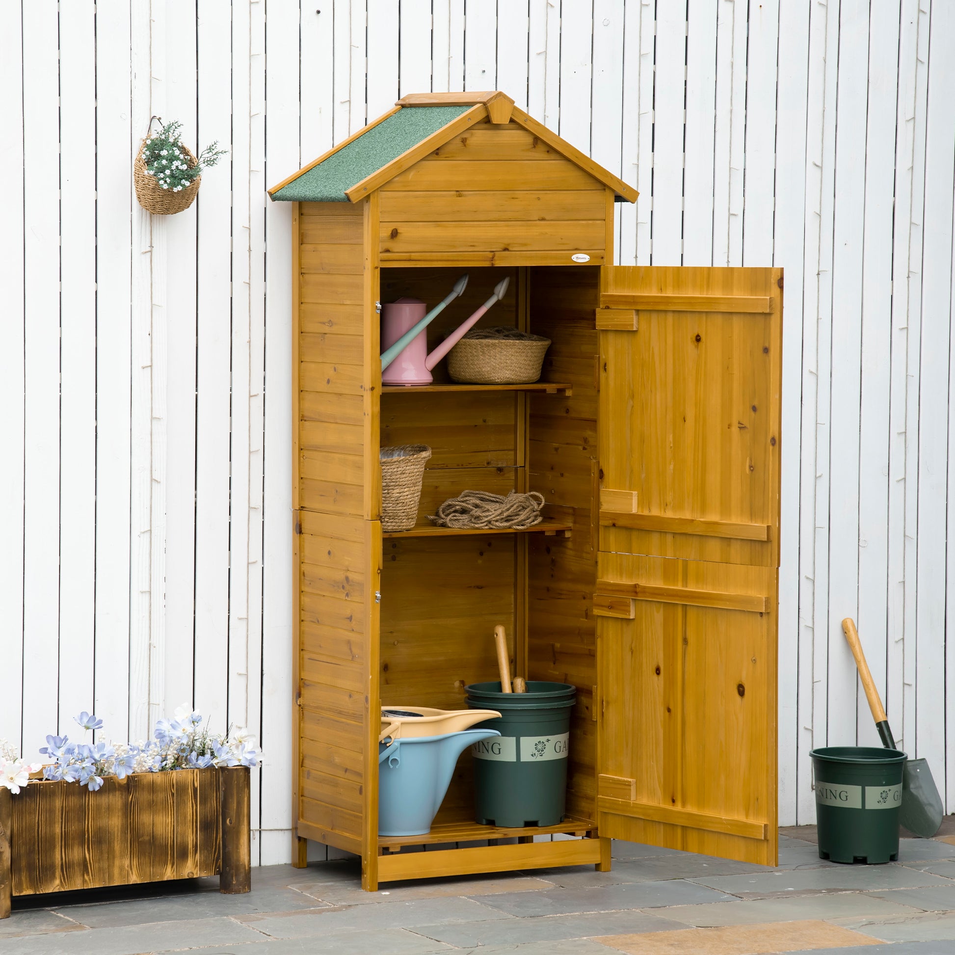 Wooden Garden Cabinet, Weatherproof Tool Shed 79x49x191.5cm, Equipment House with Double Door, Gable Roof, Cabinet with Shelves, Tool Cabinet Garden Shed for Garden, Terrace, Natural Wood