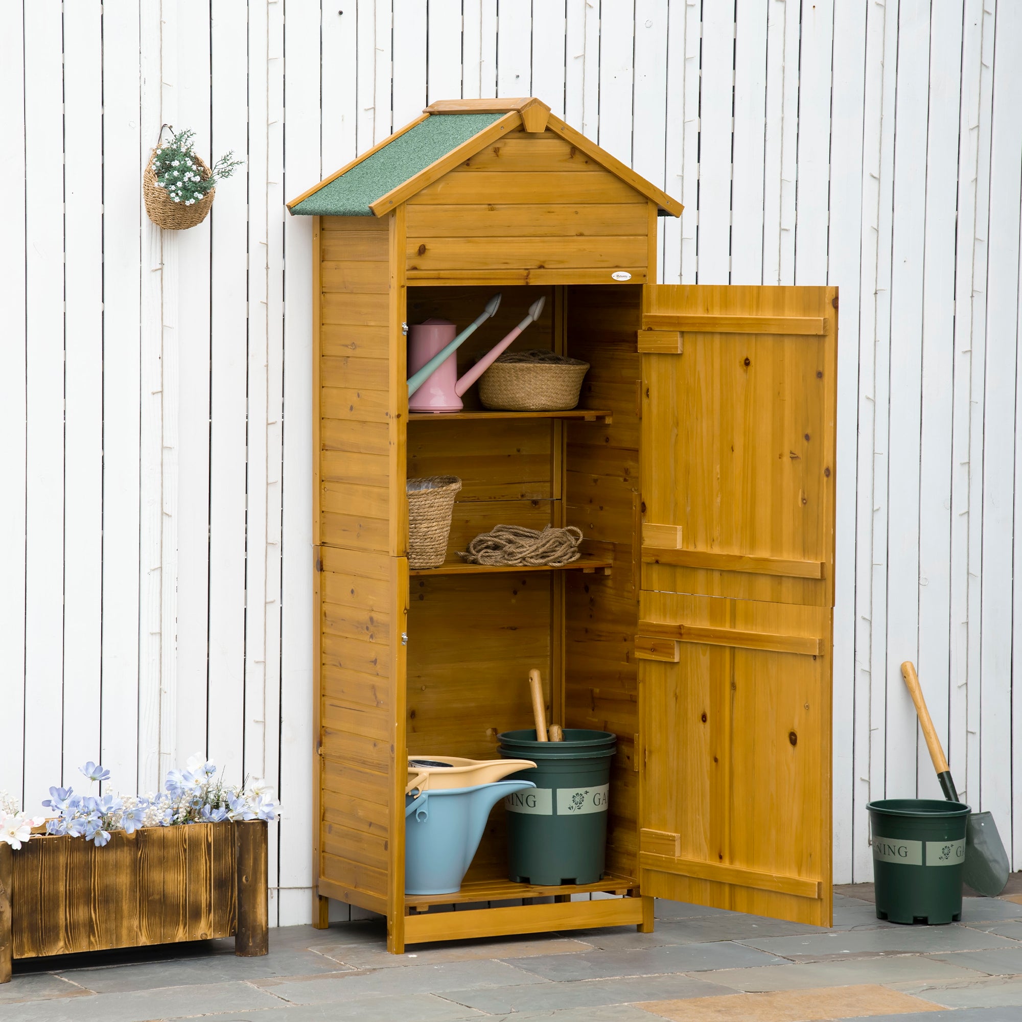 Wooden Garden Cabinet, Weatherproof Tool Shed 79x49x191.5cm, Equipment House with Double Door, Gable Roof, Cabinet with Shelves, Tool Cabinet Garden Shed for Garden, Terrace, Natural Wood