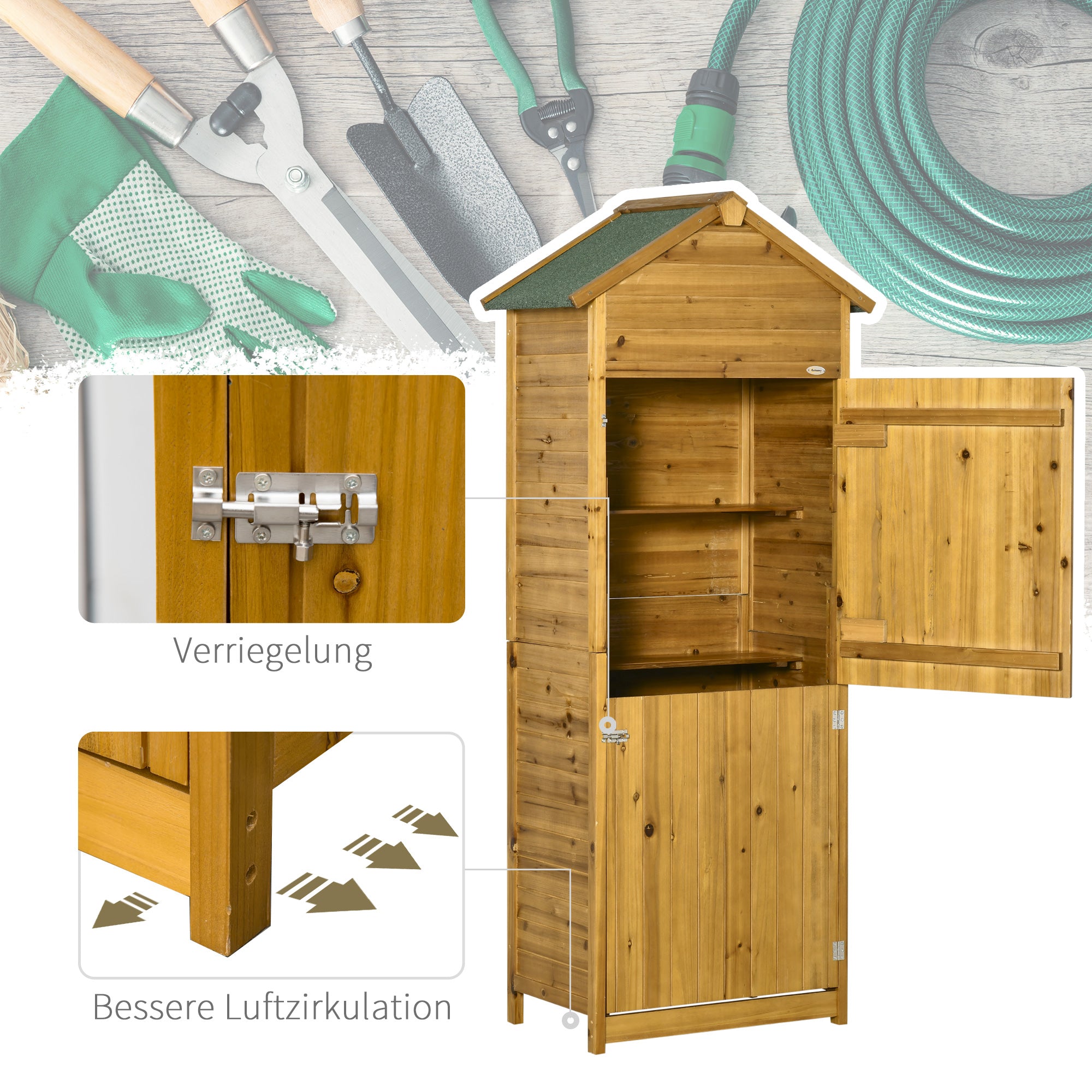 Wooden Garden Cabinet, Weatherproof Tool Shed 79x49x191.5cm, Equipment House with Double Door, Gable Roof, Cabinet with Shelves, Tool Cabinet Garden Shed for Garden, Terrace, Natural Wood