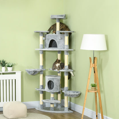 Cat Tree 200 cm Cat Tower with Cave, 2 Play Balls, Sisal Posts, Platform, Hammock, Multi-Level Cat Scratching Tree, Climbing Tree, for Large Cats, Light Gray