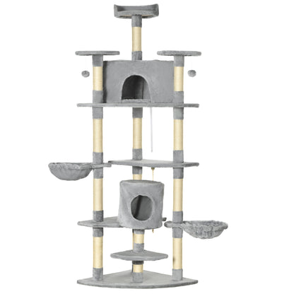 Cat Tree 200 cm Cat Tower with Cave, 2 Play Balls, Sisal Posts, Platform, Hammock, Multi-Level Cat Scratching Tree, Climbing Tree, for Large Cats, Light Gray