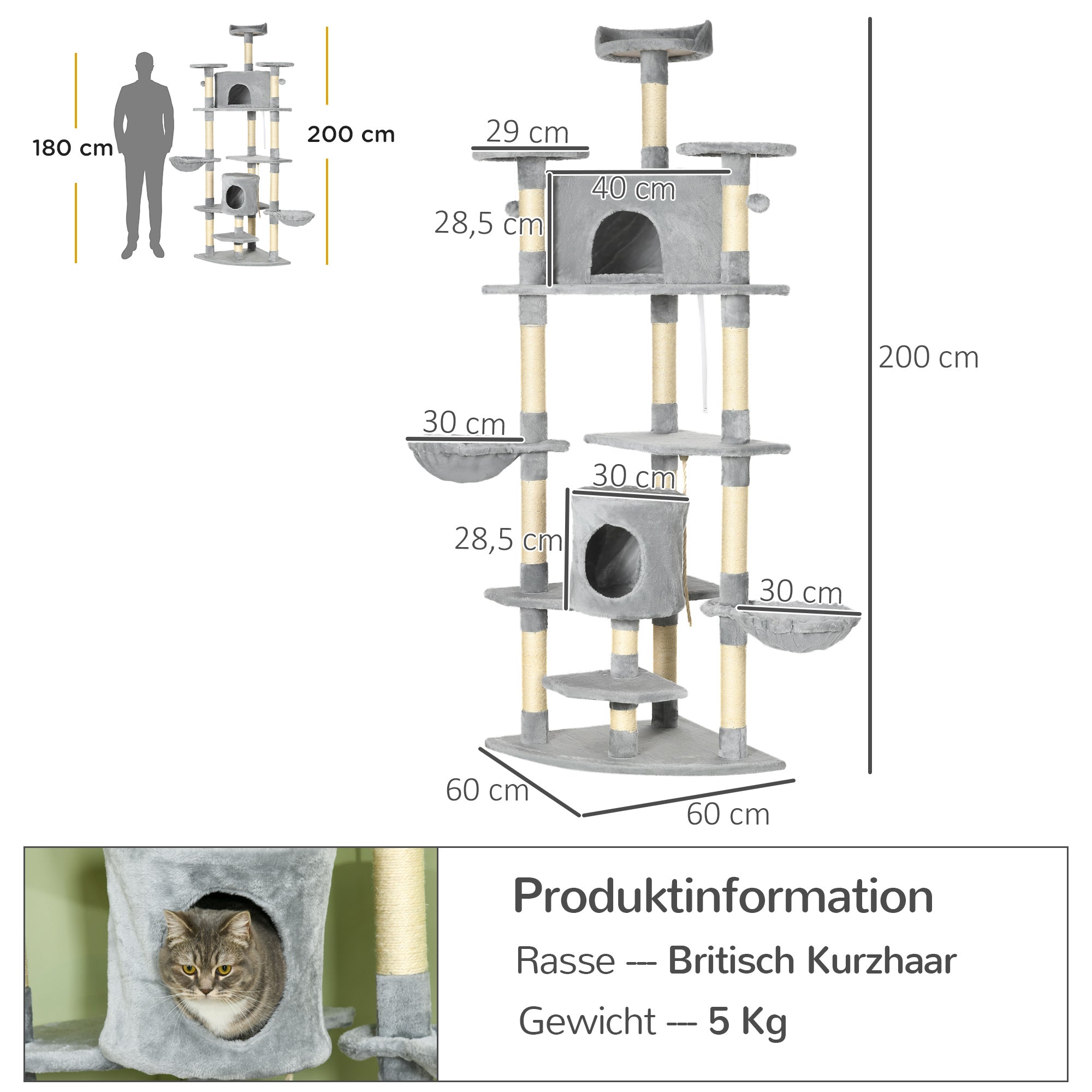 Cat Tree 200 cm Cat Tower with Cave, 2 Play Balls, Sisal Posts, Platform, Hammock, Multi-Level Cat Scratching Tree, Climbing Tree, for Large Cats, Light Gray