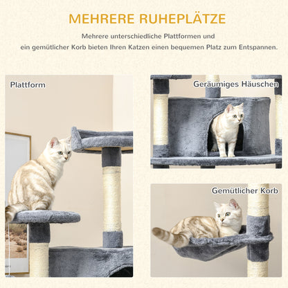 Cat Tree 200 cm Cat Tower with Cave, 2 Play Balls, Sisal Posts, Platform, Hammock, Multi-Level Cat Scratching Tree, Climbing Tree, for Large Cats, Light Gray