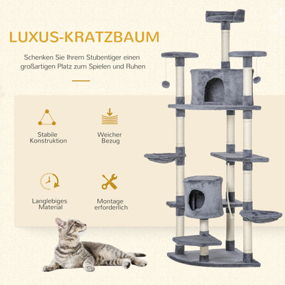 Cat Tree 200 cm Cat Tower with Cave, 2 Play Balls, Sisal Posts, Platform, Hammock, Multi-Level Cat Scratching Tree, Climbing Tree, for Large Cats, Light Gray