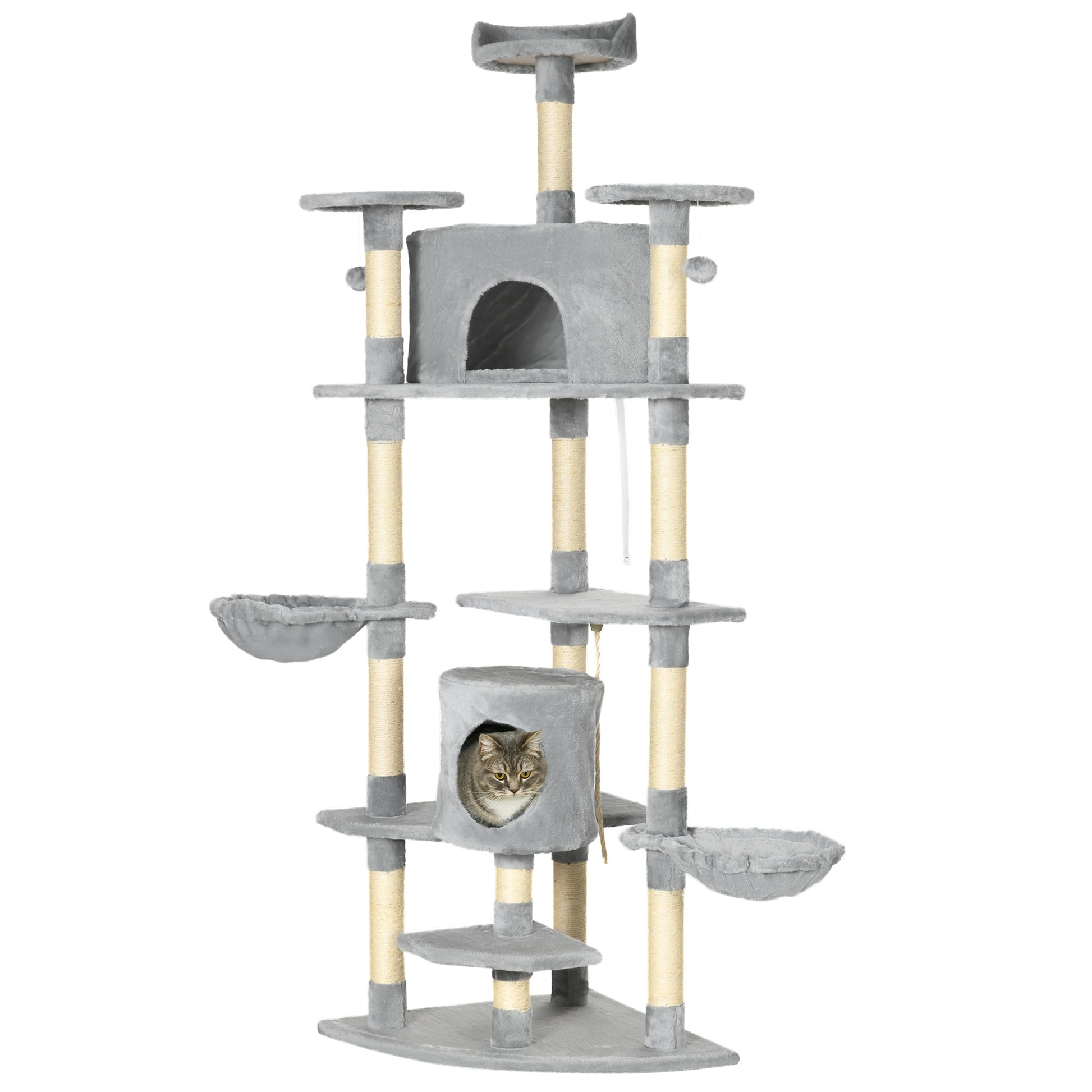 Cat Tree 200 cm Cat Tower with Cave, 2 Play Balls, Sisal Posts, Platform, Hammock, Multi-Level Cat Scratching Tree, Climbing Tree, for Large Cats, Light Gray