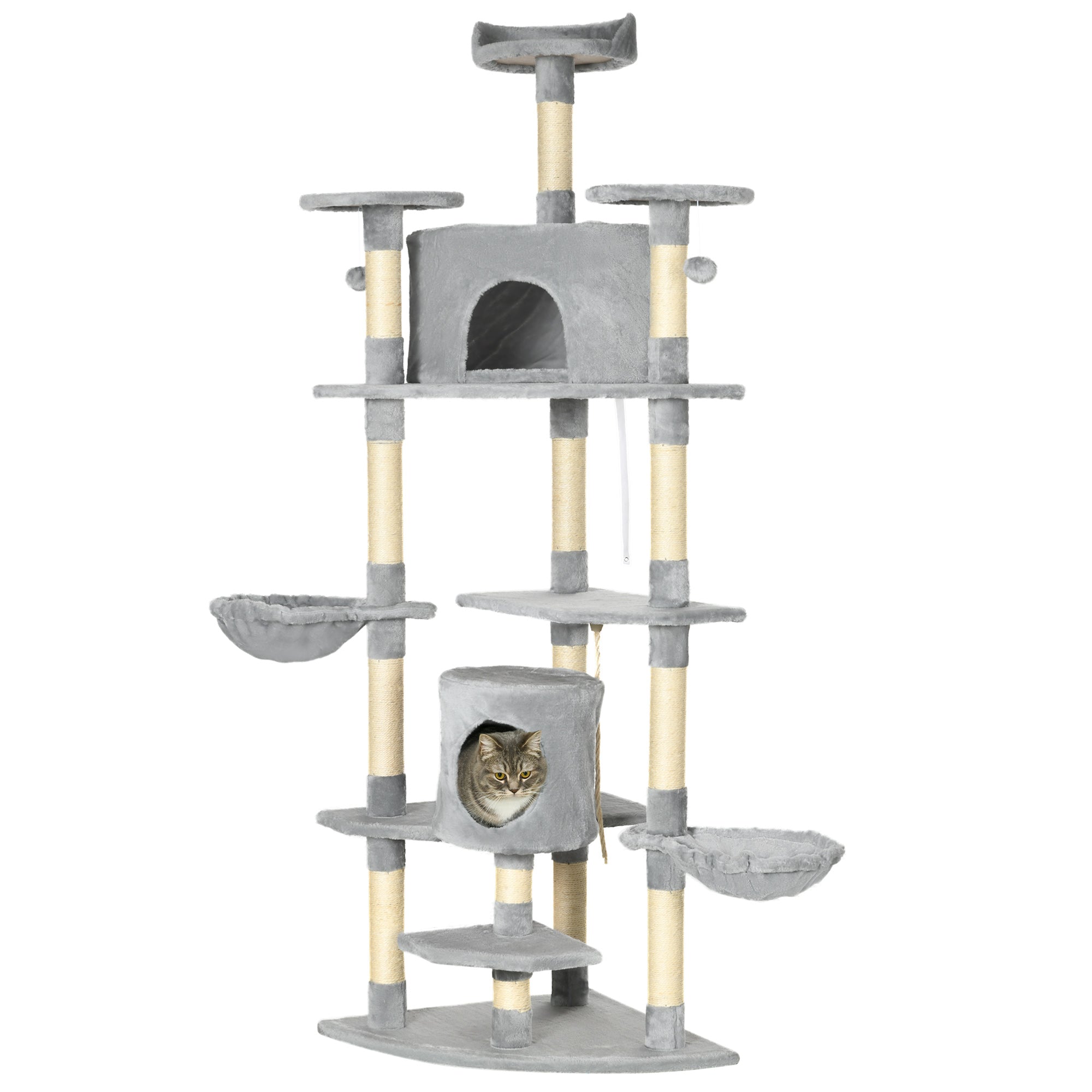 Cat Tree 200 cm Cat Tower with Cave, 2 Play Balls, Sisal Posts, Platform, Hammock, Multi-Level Cat Scratching Tree, Climbing Tree, for Large Cats, Light Gray