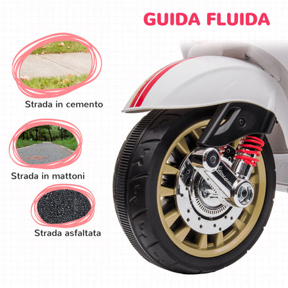 12V Electric Motorbike for Kids 3-6 Years with Vespa License, Training Wheels, Headlight, and Music, Toy Motorcycle in PP and Metal, 107x47x73 cm, White
