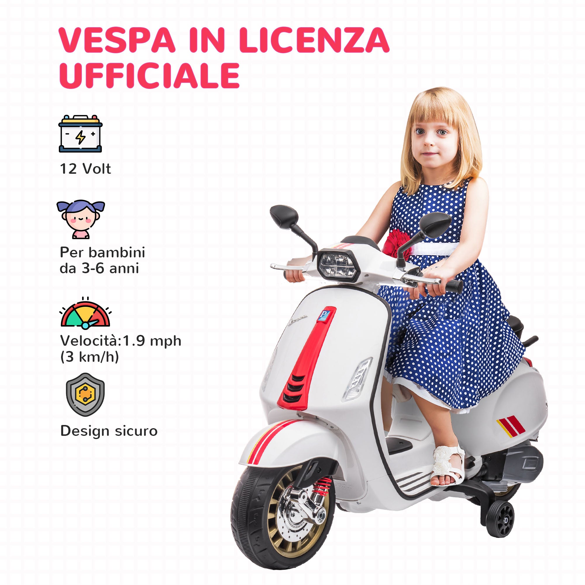 12V Electric Motorbike for Kids 3-6 Years with Vespa License, Training Wheels, Headlight, and Music, Toy Motorcycle in PP and Metal, 107x47x73 cm, White