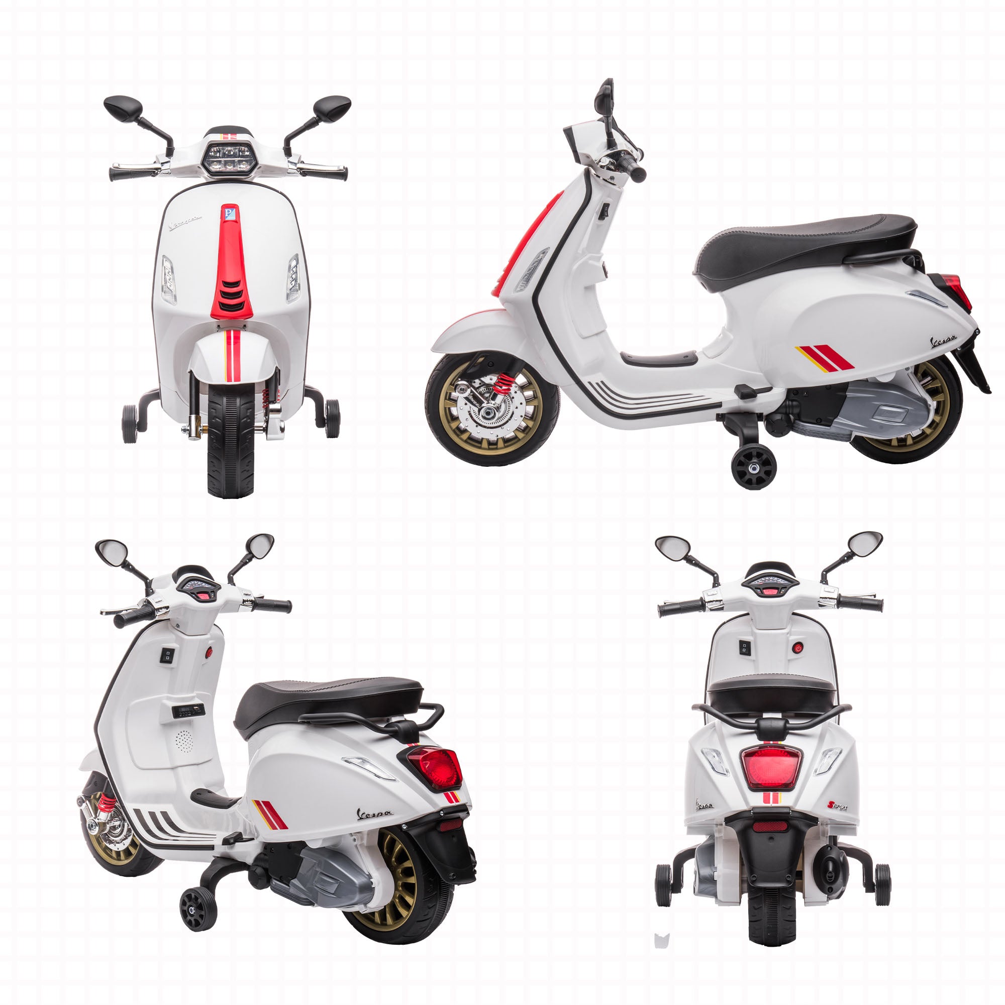 12V Electric Motorbike for Kids 3-6 Years with Vespa License, Training Wheels, Headlight, and Music, Toy Motorcycle in PP and Metal, 107x47x73 cm, White