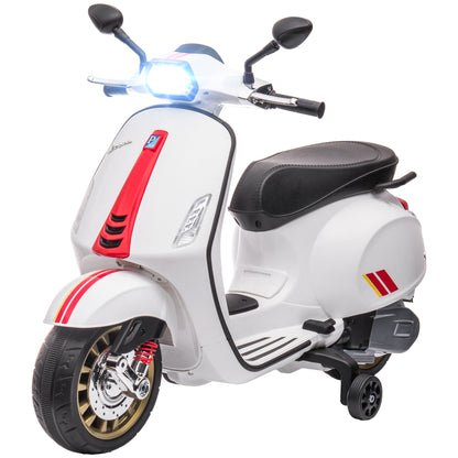 12V Electric Motorbike for Kids 3-6 Years with Vespa License, Training Wheels, Headlight, and Music, Toy Motorcycle in PP and Metal, 107x47x73 cm, White
