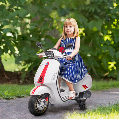 12V Electric Motorbike for Kids 3-6 Years with Vespa License, Training Wheels, Headlight, and Music, Toy Motorcycle in PP and Metal, 107x47x73 cm, White