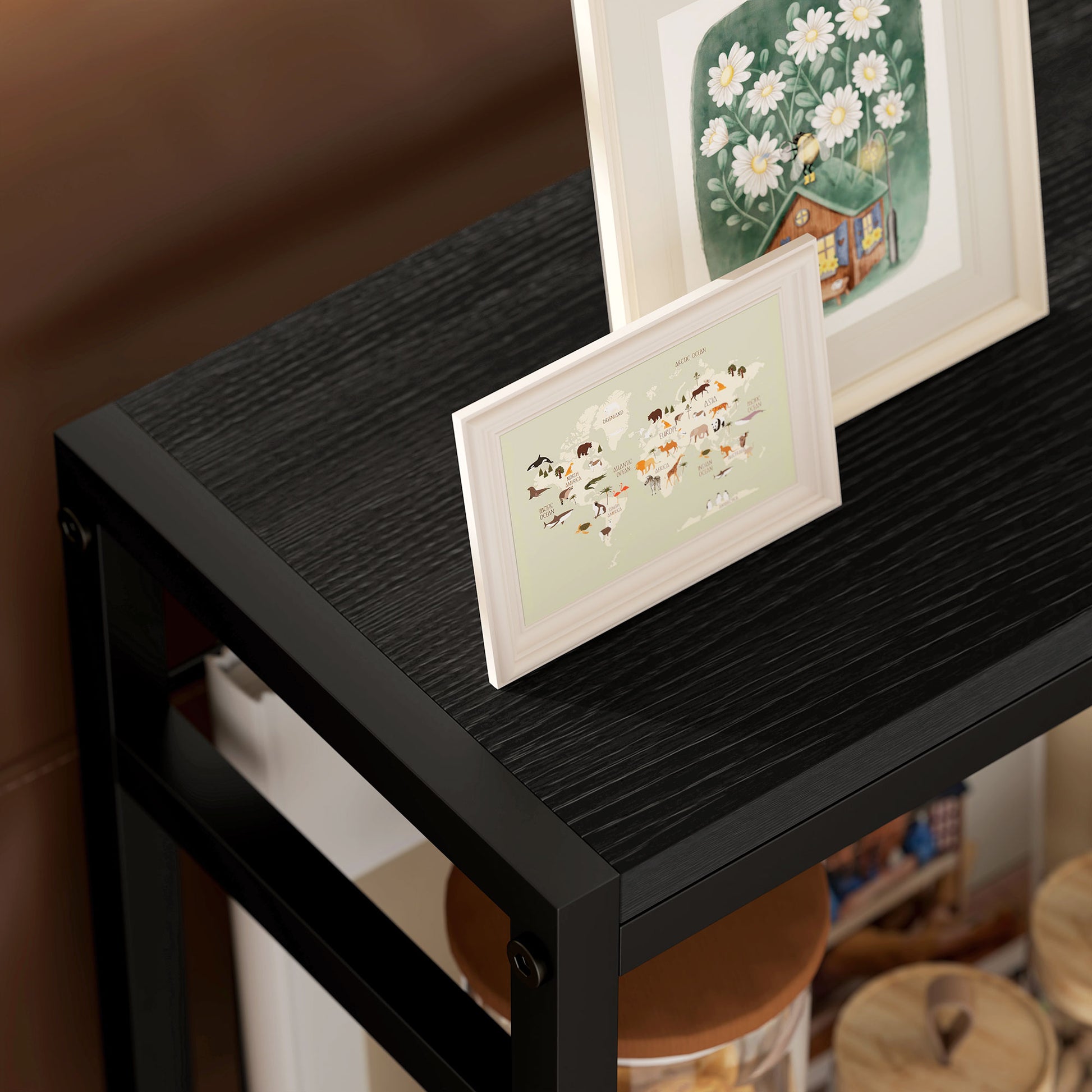 Side Table Small Coffee Table with 2 Shelves, Bedside Table Sofa Table with Steel Frame for Living Room, Bedroom, Black