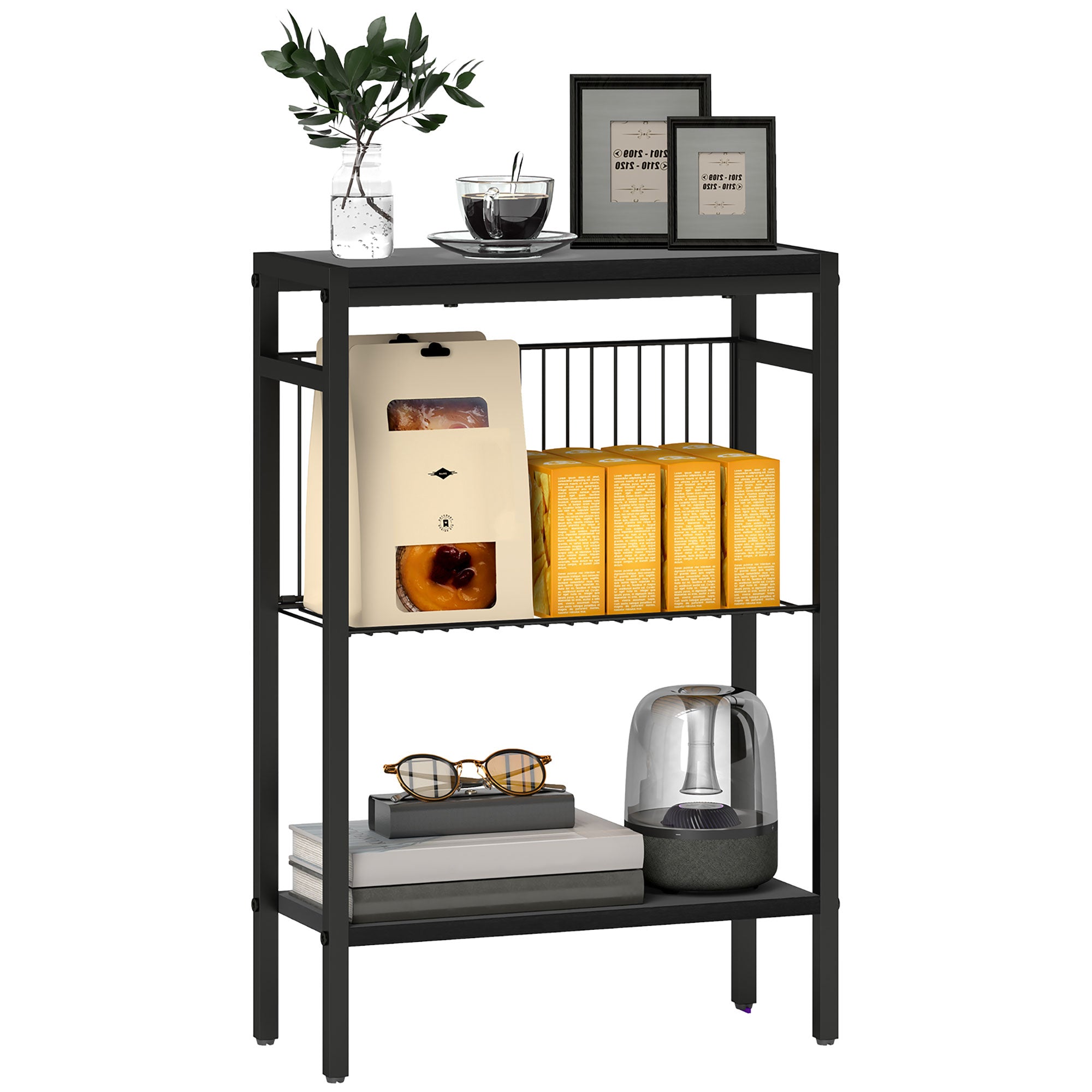 Side Table Small Coffee Table with 2 Shelves, Bedside Table Sofa Table with Steel Frame for Living Room, Bedroom, Black