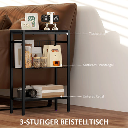 Side Table Small Coffee Table with 2 Shelves, Bedside Table Sofa Table with Steel Frame for Living Room, Bedroom, Black