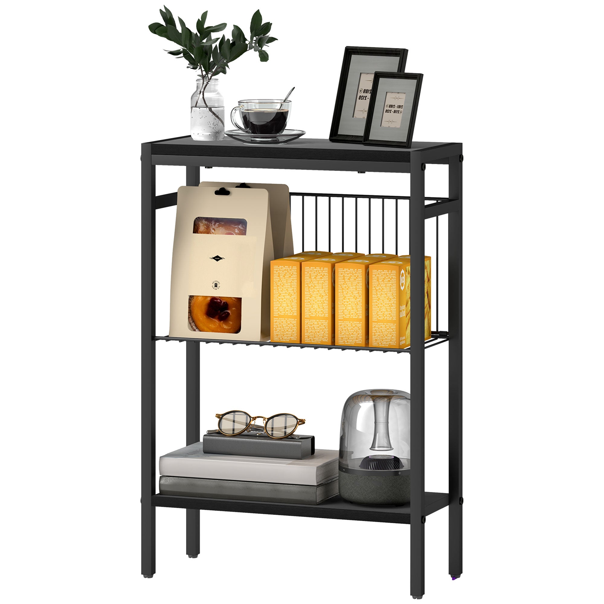 Side Table Small Coffee Table with 2 Shelves, Bedside Table Sofa Table with Steel Frame for Living Room, Bedroom, Black