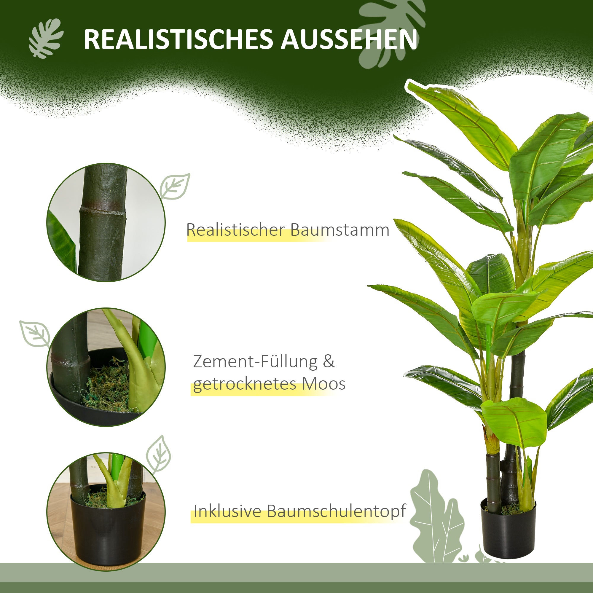 Artificial Plants 150 cm Artificial Banana Tree in Pot Fake Plant Faux Tree Indoor Decorative Plant Office Plant Plastic Pot for Indoors