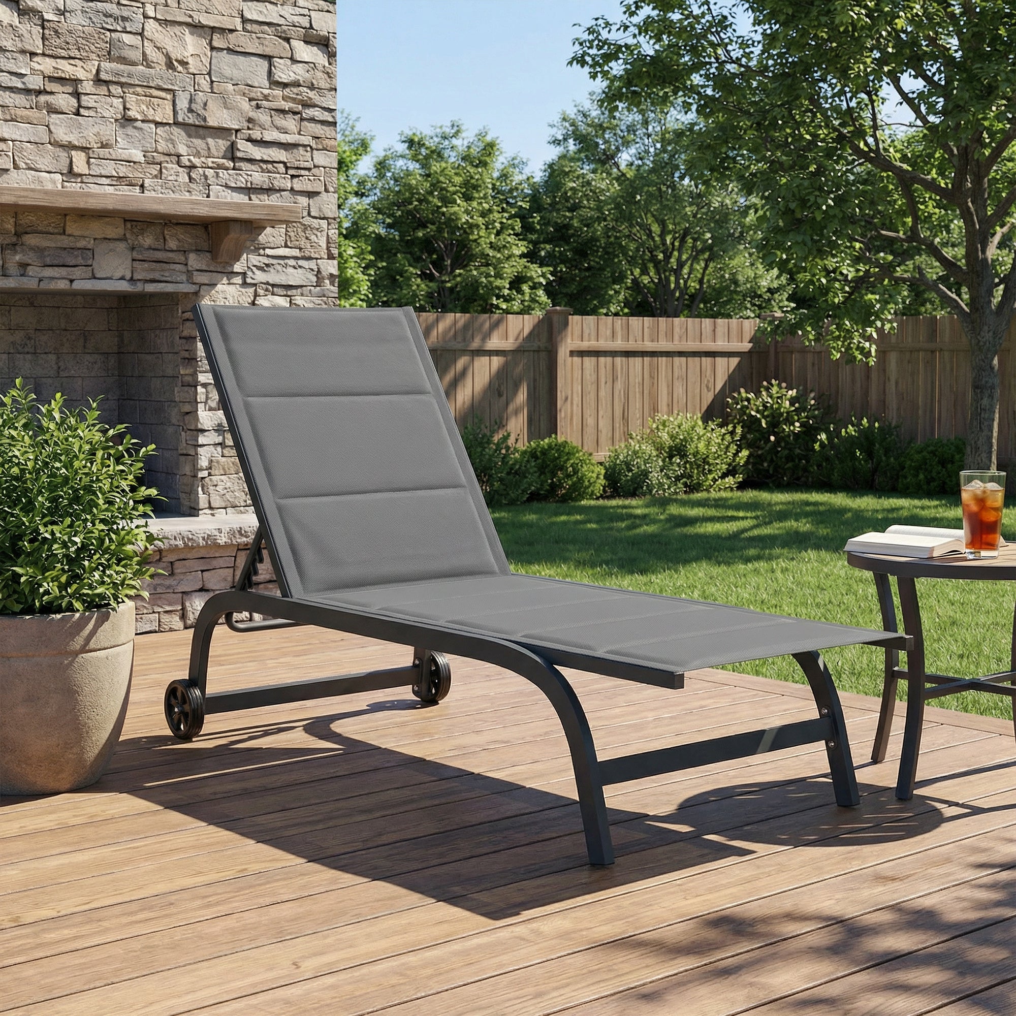 Aluminum Sun Lounger, 6-Position Adjustable Backrest with Wheels, 560 g/m² Textilene & Built-In Padding, Rust-Resistant Recliner for Patio, Pool, Garden, Beach — Dark Gray